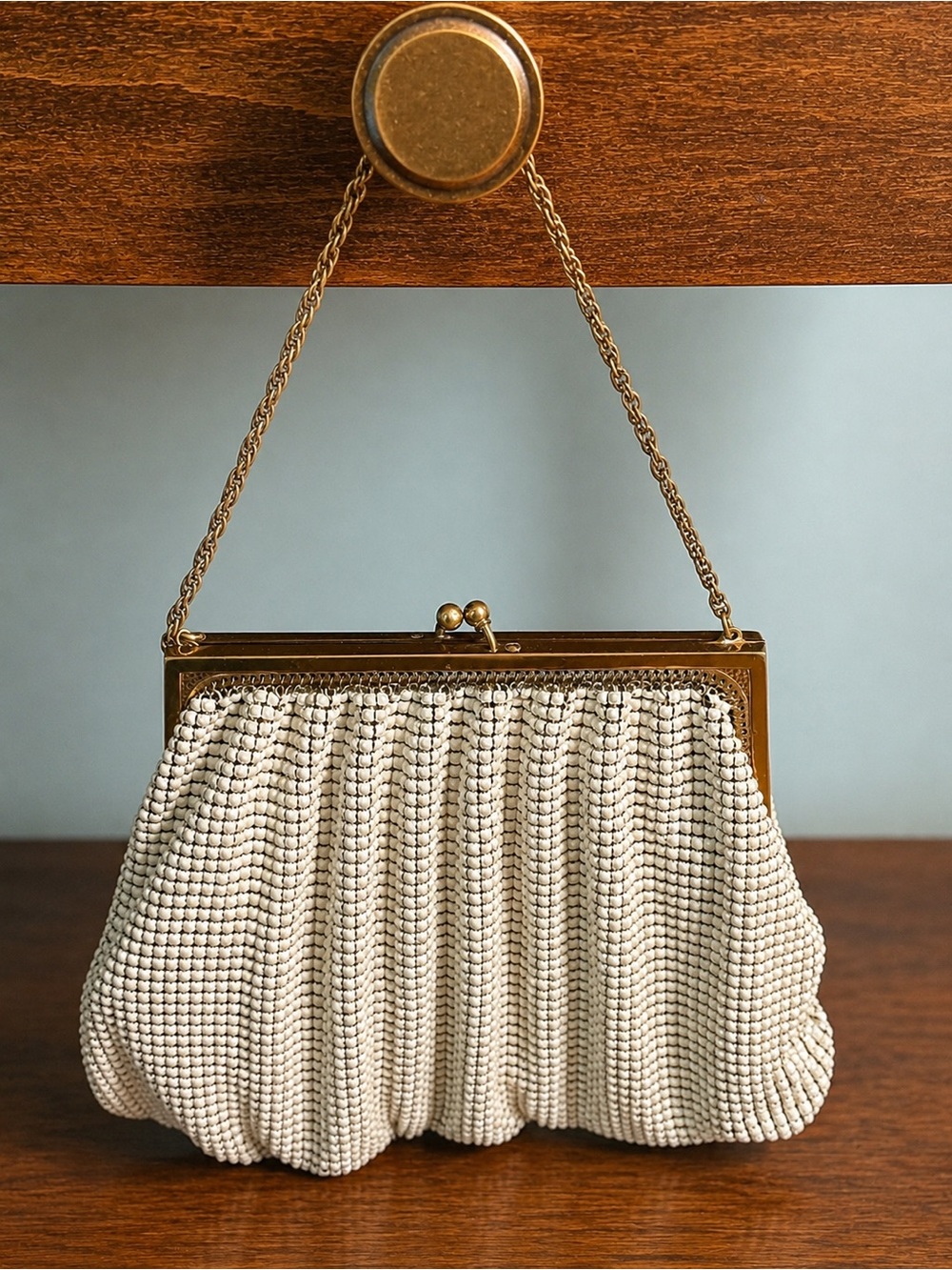 Vintage Whiting & Davis Cream Beaded Frame Bag with Gold Chain